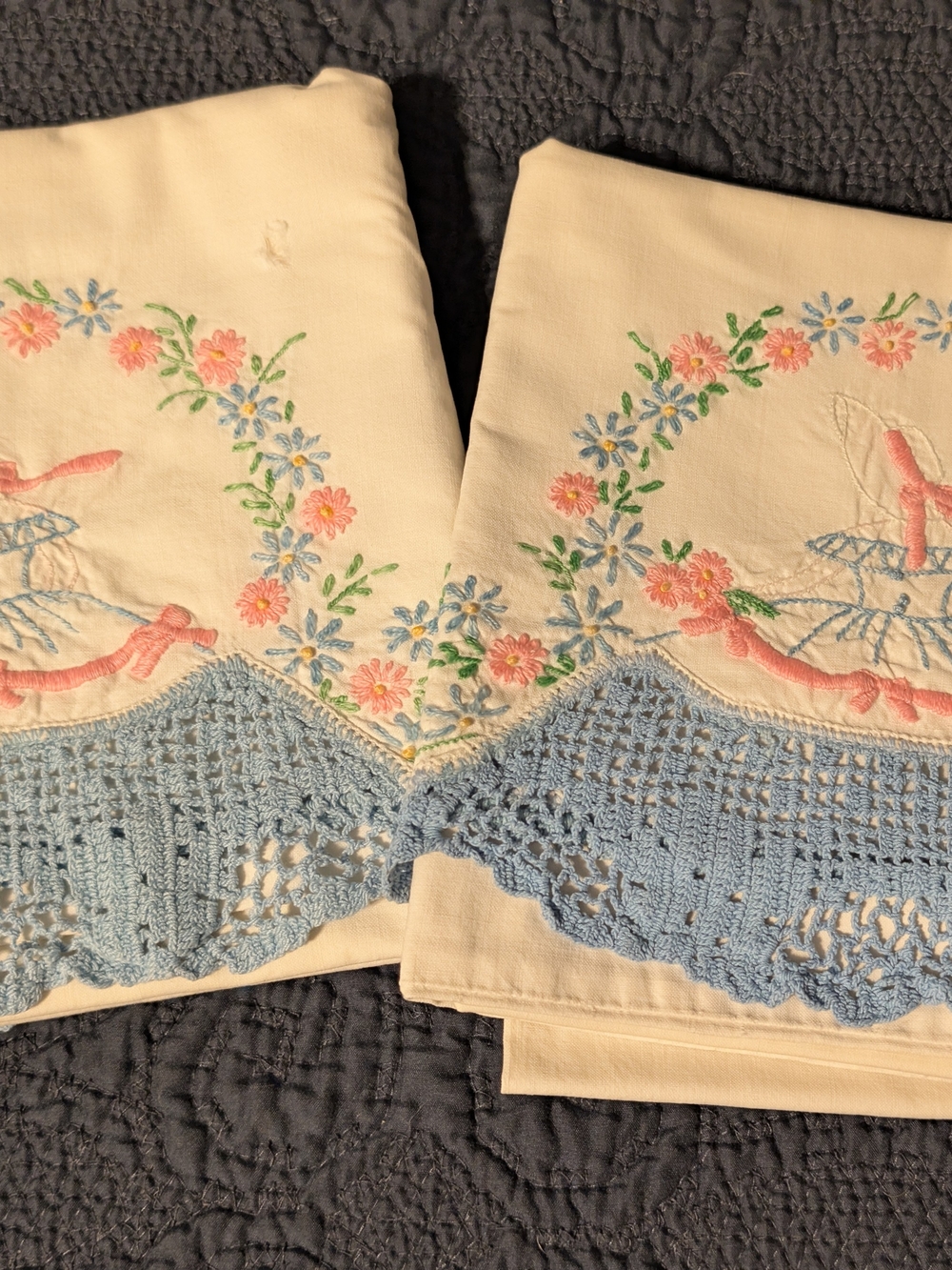 Hand-Embroidered Floral Pillowcase Pair with Blue Crochet Trim
